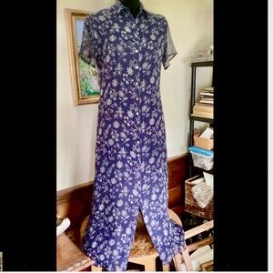 S Navy Silk Crepe Vintage Button Front Shirt Dress Short Sleeves